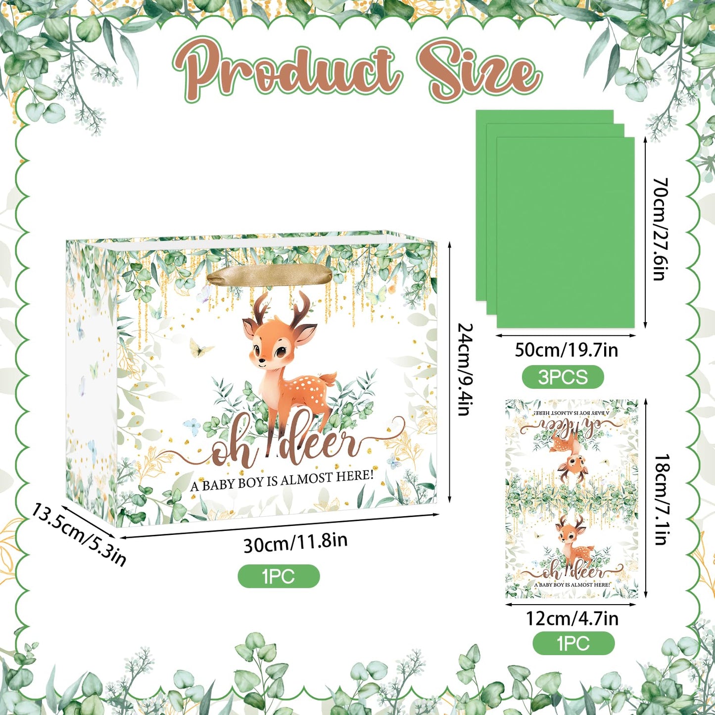 Deer Baby Shower Bag Decorations for Boys Oh Deer Gift Wrap Bag with Wrapping Paper Card Woodland Party Favors A Baby Boy Is Almost Here Goodie Bags for Newborn Kids Birthday Gender Reveal Supplies