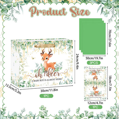Deer Baby Shower Bag Decorations for Boys Oh Deer Gift Wrap Bag with Wrapping Paper Card Woodland Party Favors A Baby Boy Is Almost Here Goodie Bags for Newborn Kids Birthday Gender Reveal Supplies