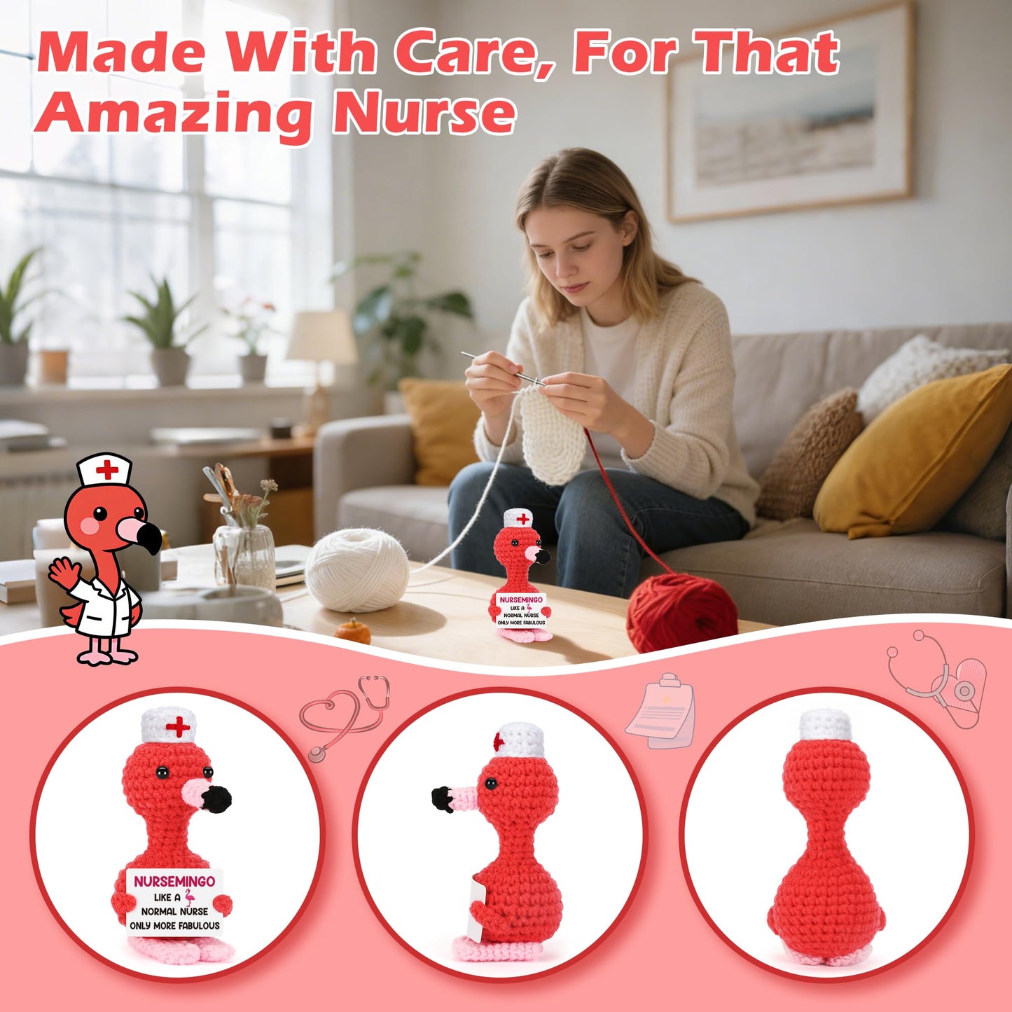 BdayPtion Nurses Appreciation Gifts for Women, Nurses Week Gifts for RN Thank You Gift for Practitioner LPN Nurse Graduation Gift for Nursing School Students Handmade Crochet Flamingo Presents