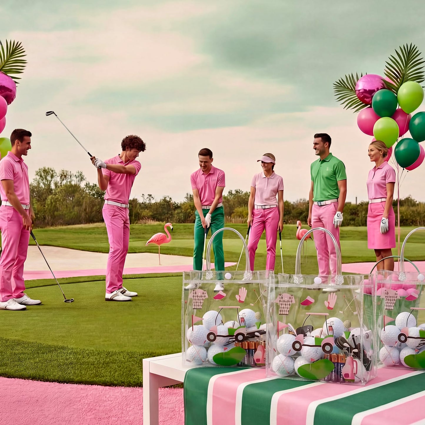 Sweetude 24 Pieces Golf Gift Goodie Bags with Handles 8x8x3.15 Inch Pink and Green PVC Golf Theme Party Favor Clear Treat Bags Bulk for Sports Party Competition Team Birthday Gifts