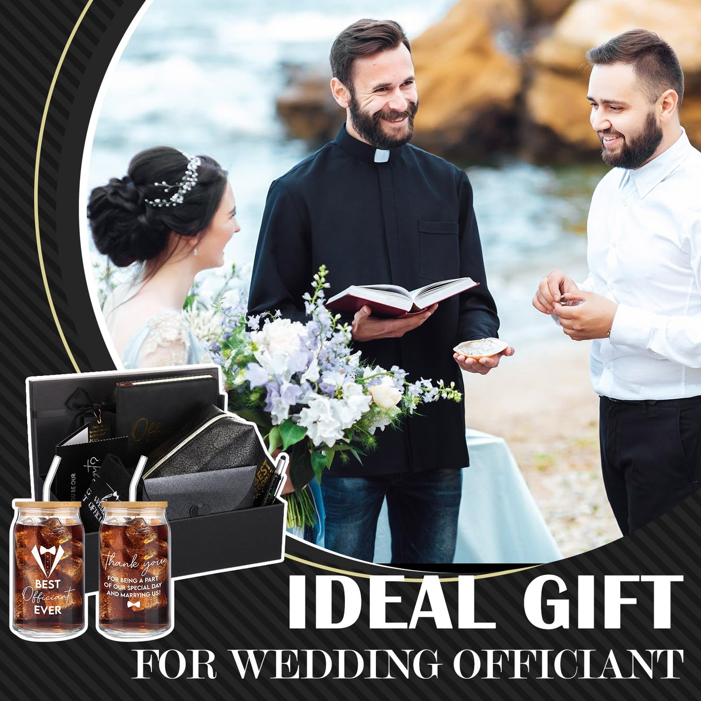 Baderke 8 Pcs Best Officiant Gifts Wedding Proposal Set 16 oz Glass Cup with Lids Straw, Leather Toiletry Bag, Officiant Book, Functional Pen, Socks, Greeting Card Envelope with Gift Box for Sermon