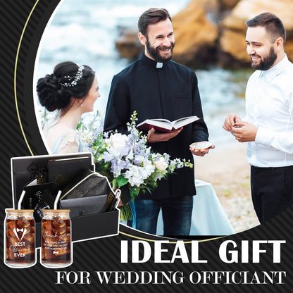Baderke 8 Pcs Best Officiant Gifts Wedding Proposal Set 16 oz Glass Cup with Lids Straw, Leather Toiletry Bag, Officiant Book, Functional Pen, Socks, Greeting Card Envelope with Gift Box for Sermon