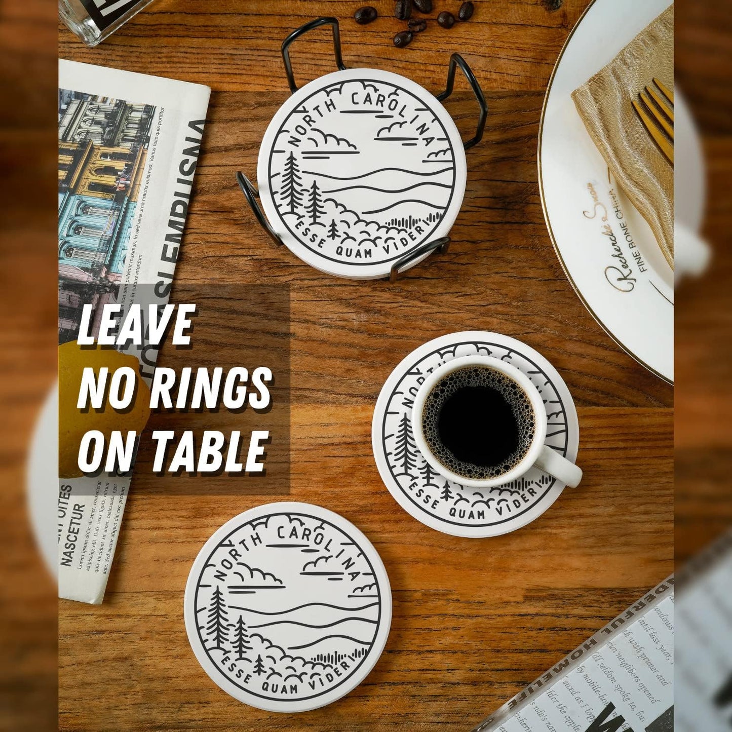 Onebttl North Carolina Gifts Coaster Souvenir, Travel Homesick Gifts, Home Decor for Women, Moving, Housewarming, Set of 6, Ceramic, Absorbent with Cork Base