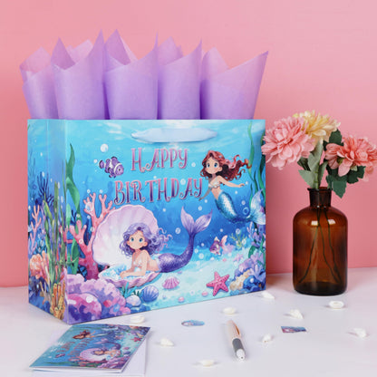Qirrmiy 13'' Large Mermaids Birthday Gift Bag Set with Handles, Greeting Card, Purple Tissue Papers and Stickers for Kids Girls Women Teens for Birthdays, Mermaids Design, 1 Pcs