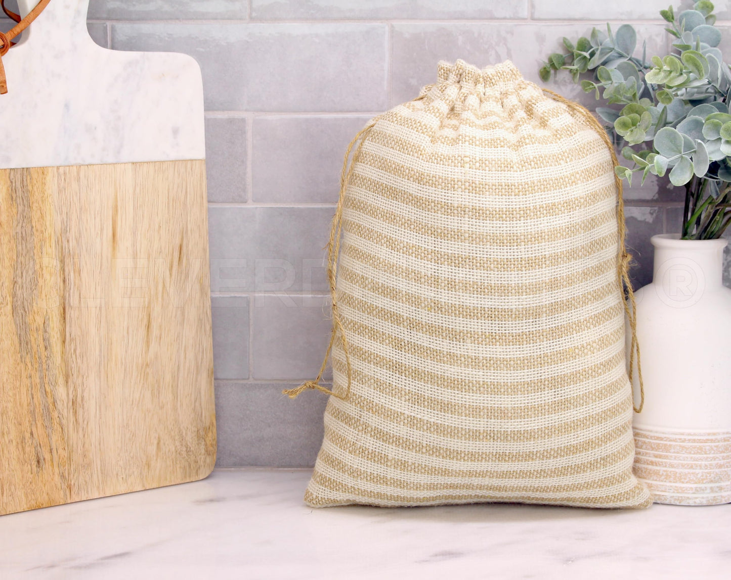 CleverDelights 10 x 14 Inch Burlap Bags - Natural/Ivory Stripe - 10 Pack - 10x14 Jute Burlap Drawstring Gift Sacks