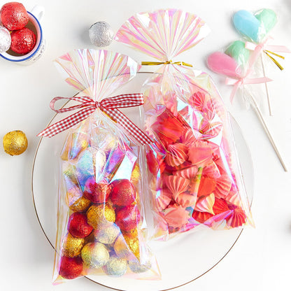 Ohuimrt 5x11 Inches Iridescent Cellophane Treat Bags with Ties, 100 PCS Small Plastic Holographic Goodie Bags for Candies, Snacks, Popcorn, Small Gifts and Party Favor