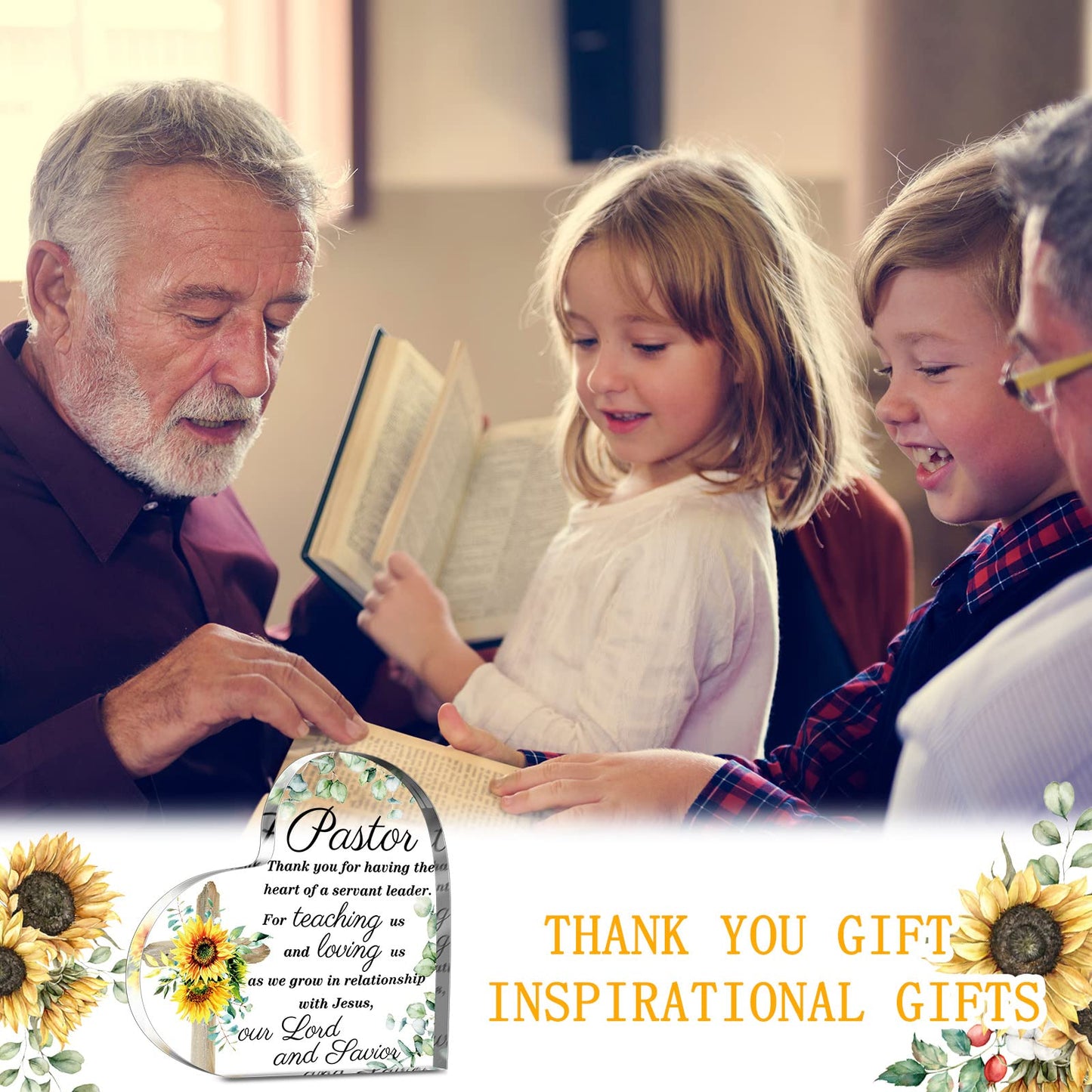 Gerrii Pastor Appreciation Gifts Christian Plaques Decoration for Pastor's Day Church Clergy Keepsakes Thank You Gift Acrylic Heart Plaque Decor Religious Spiritual Retirement Keepsake(Sunflower)