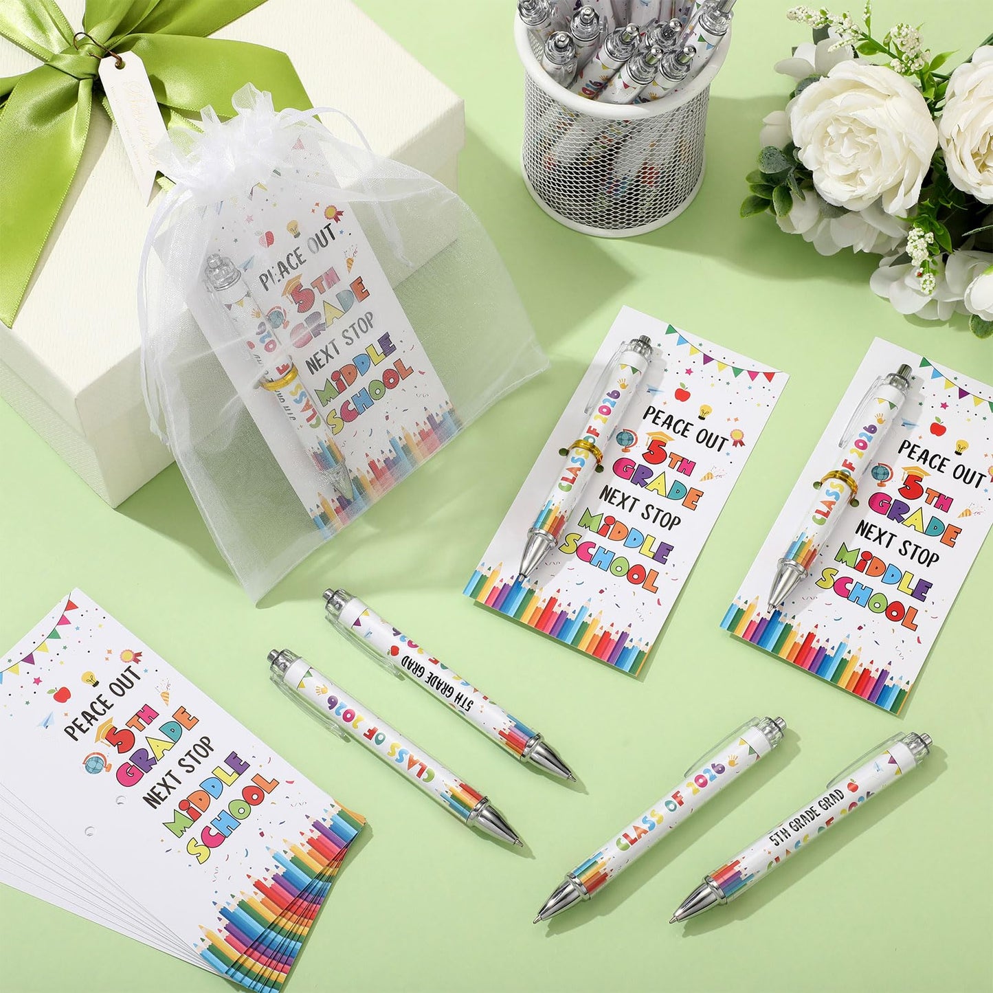 Sayglossy 24 Set 5th Grade Graduation Gifts Bulk Class of 2026 Ballpoint Pens with Inspirational Greeting Cards Fifth Grade Graduation Party Favors for Students (White)