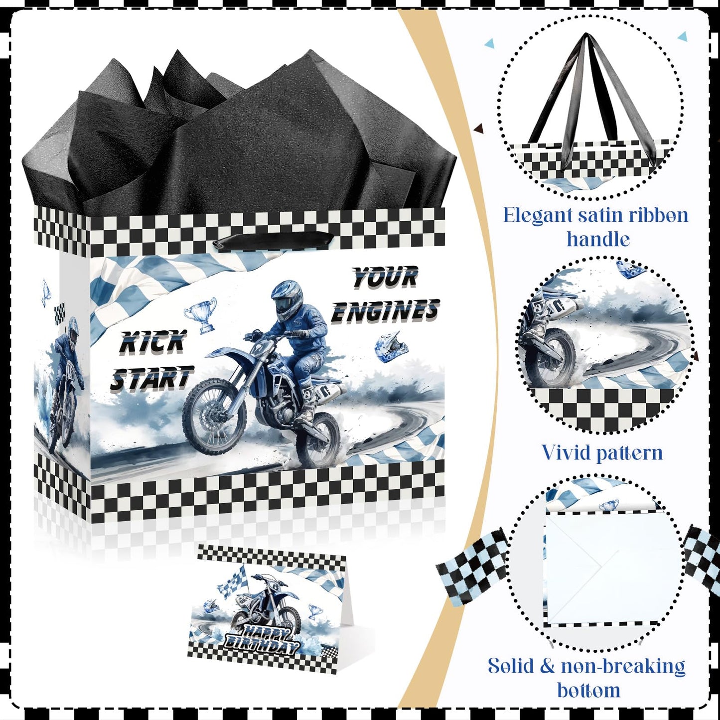 Yomaiha Dirt Bike Birthday Gift Bag for Boys Motocross Motorbike Wrapping Paper with Tissue Paper Greeting Card for Dirty Bike Birthday Party Decoration Supplies