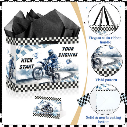 Yomaiha Dirt Bike Birthday Gift Bag for Boys Motocross Motorbike Wrapping Paper with Tissue Paper Greeting Card for Dirty Bike Birthday Party Decoration Supplies