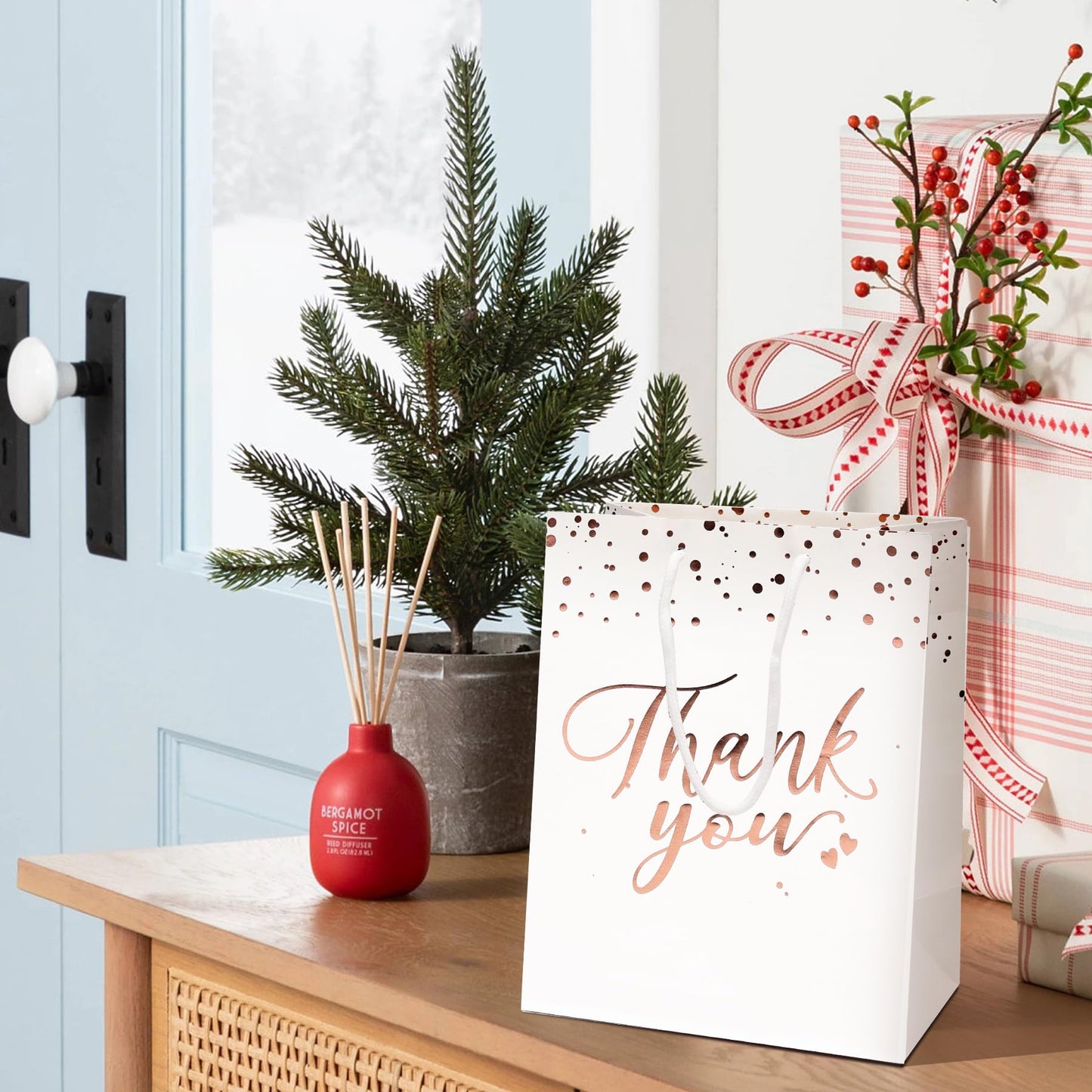 PAICUIKE White Thank You Gift Bags Bulk, Medium Size Paper Bags with Handles for Weddings, Valentines, Party Favor, Birthday Baby Shower - 20 Pcs