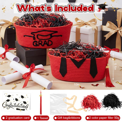 Colingmill 2 Pack Class of 2026 Graduation Empty Gift Basket 14''x10''x5.5'' Woven Rope Basket Empty to Fill with Grad Design Bag Ribbon Card Tassel, Decorative DIY Congrat Gift(Red and Black)