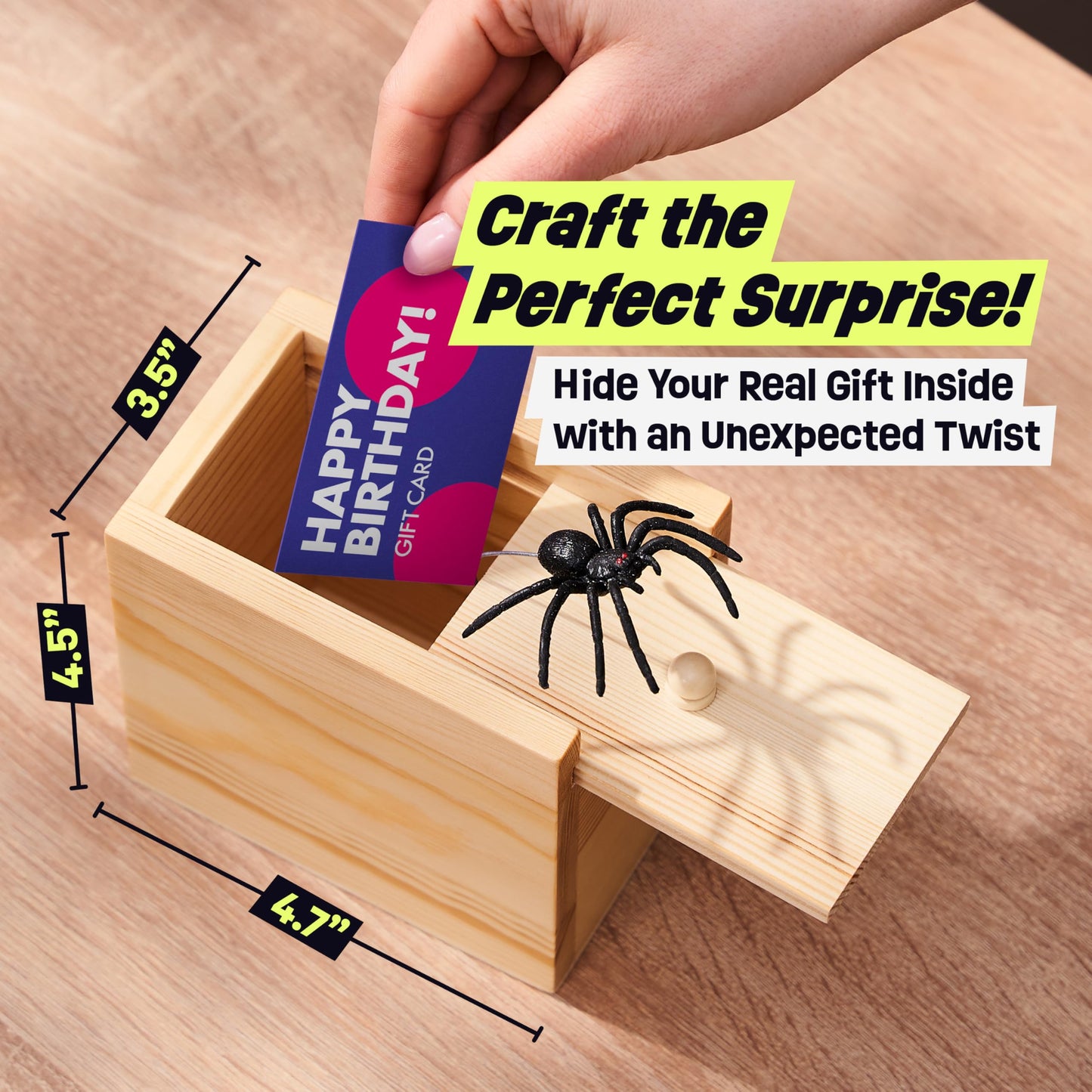 FunFamz Original Spider Prank Box – Wooden Prank Toy & Jump Scare Prank Gift with Hidden Gift Card Compartment, Realistic Jumping Spider Surprise, Funny Gag Toy for Kids, Adults, Parties & Office Fun