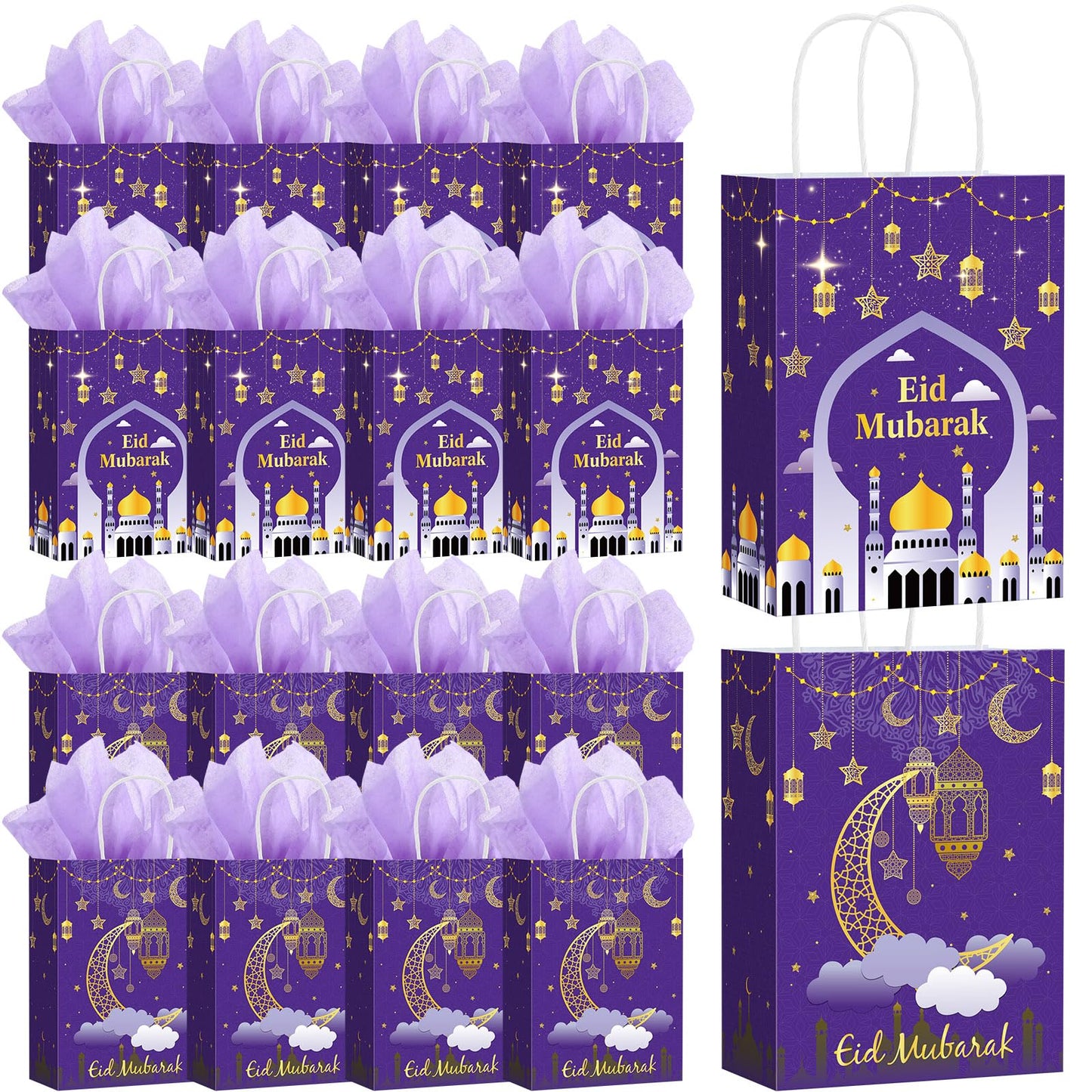 Trandraft 24 Pcs Eid Mubarak Gift Bags with Tissue Paper Ramadan Goodies Happy Eid Treats Bags Muslim Party Favor with Handle for Muslim Supplies Al Fitr Party Decoration(Purple)