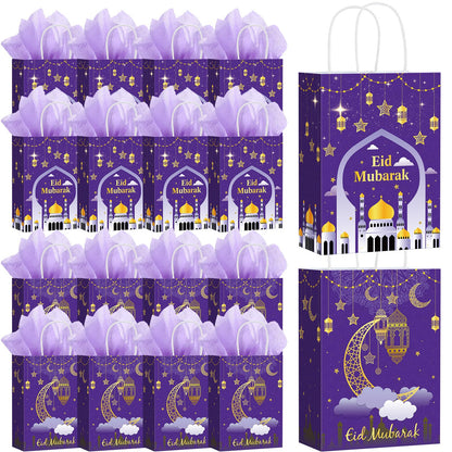 Trandraft 24 Pcs Eid Mubarak Gift Bags with Tissue Paper Ramadan Goodies Happy Eid Treats Bags Muslim Party Favor with Handle for Muslim Supplies Al Fitr Party Decoration(Purple)