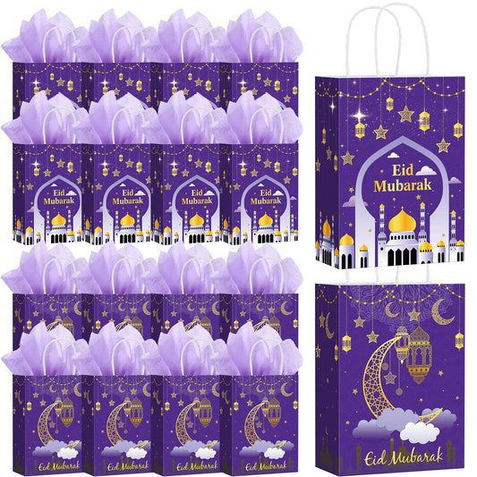 Trandraft 24 Pcs Eid Mubarak Gift Bags with Tissue Paper Ramadan Goodies Happy Eid Treats Bags Muslim Party Favor with Handle for Muslim Supplies Al Fitr Party Decoration(Purple)