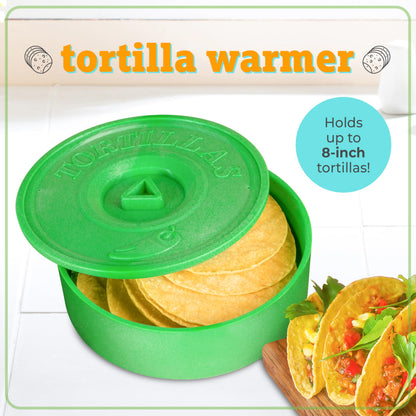 Taco Tuesday Complete Taco Serving Set with Tortilla Warmer, Salsa Bowls, Shell Holders, and Mortar and Pestle - 9-Piece Set - Red, Yellow, and Green