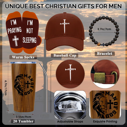 JTAMOHI 10 Pcs Christian Gifts for Men, Inspirational Religious Catholic Faith Spiritual Gift with 20 Oz Tumbler Hat Socks Bible Verses Leather Journal Pen Keychain for Dad, Husband, Grandpa, Friends