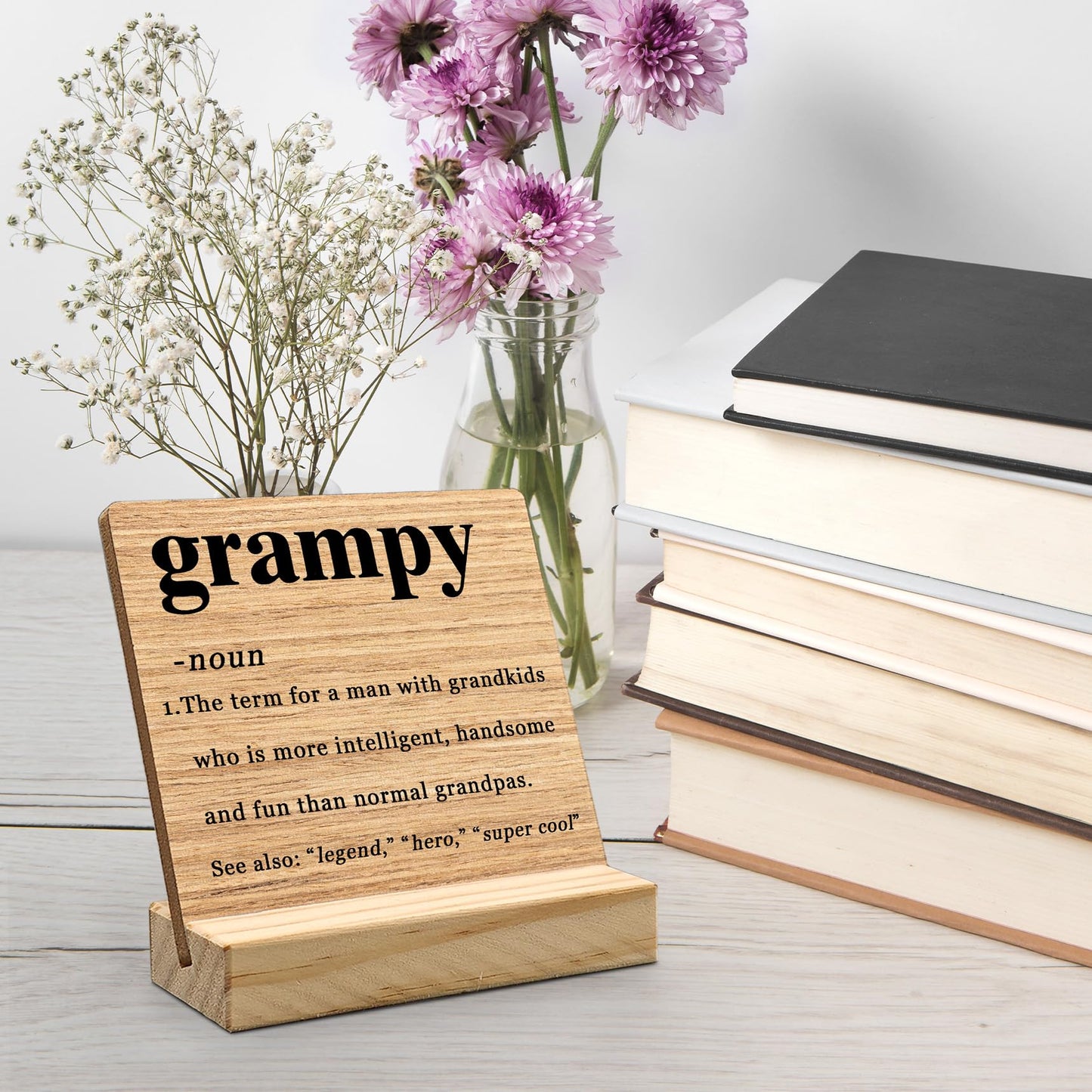 Grampy Gifts Desk Decor, Fathers Day Christmas Gifts for Grampy Grandpa Grandfather Pops Gift from Grandkids Wood Plaque, GrampyDefinition Wooden Plaque Sign with Wood Stand for Home Office