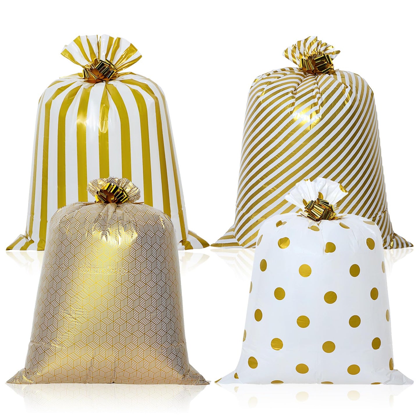 Fulmoon 4 Pcs 48 Inch Jumbo Gift Bag Golden Extra Large Bags with Pull Flowers, Plastic Giant Gift Oversized Wrapping for Graduation Wedding Birthday Baby Shower(Gold)