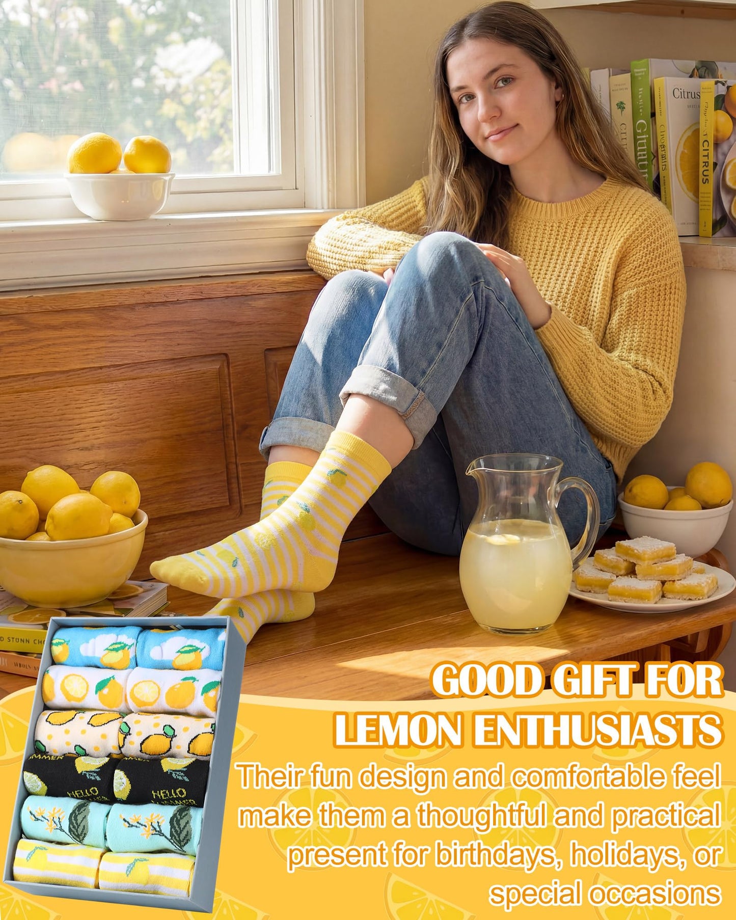 Skicuff 6 Pairs Funny Lemon Socks for Women Girls Lemon Themed Gifts Novelty Fruit Casual Crew Socks with Humor Sayings for Summer Fruit Party Favors Mother's Day Birthday Gifts