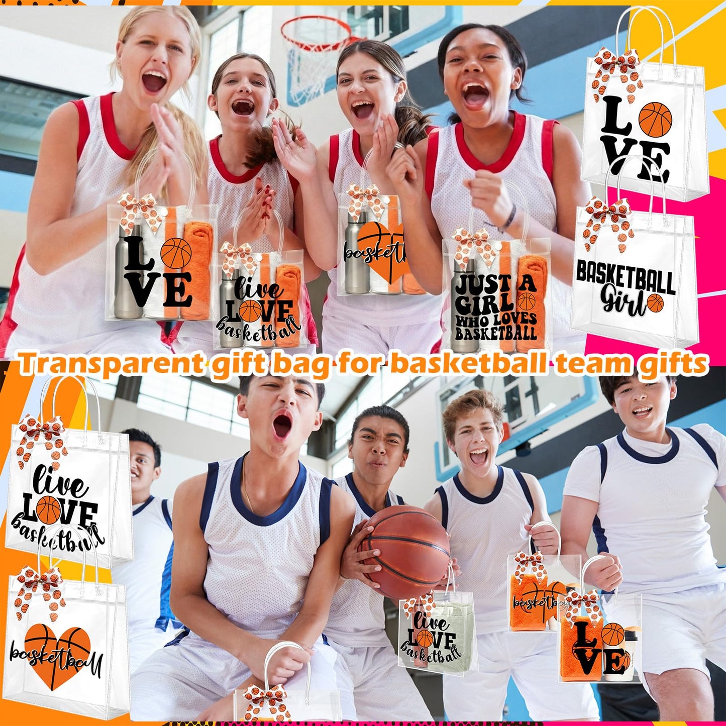 Vicenpal 12 Sets Clear Basketball Gift Bag with Handles 12 Pcs Bows PVC Plastic Basketball Treat Goodie Snack Bags 7.9 x 7.9 x 3.1'' Sport Theme Party Favors for Birthday Holiday Sports Team Gifts