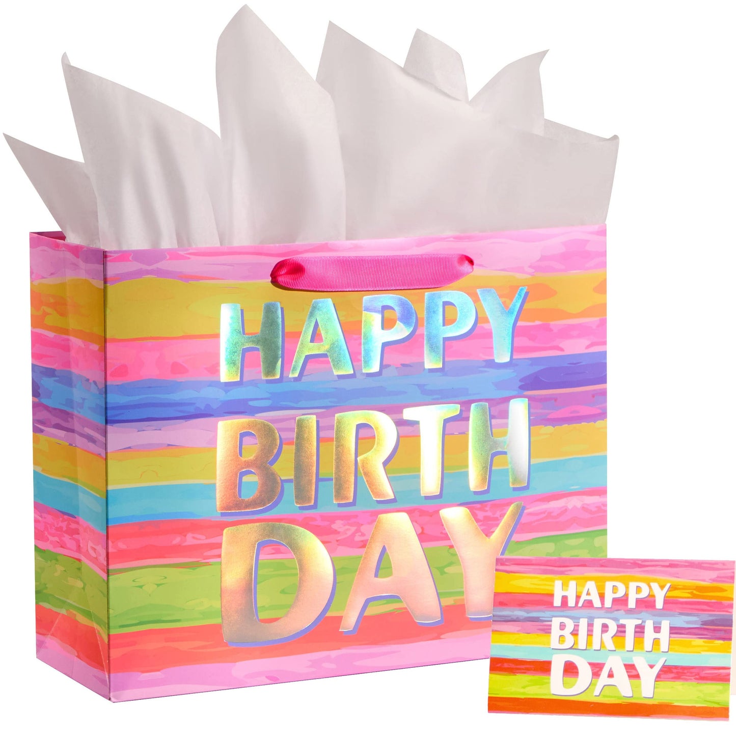 SUNCOLOR Large Happy Birthday Gift Bag with Tissue Paper & Card, 13 x 10.2 x 4.7 Inches Premium Paper Bag for Birthday, Kids', Women's & Mother's Gifts
