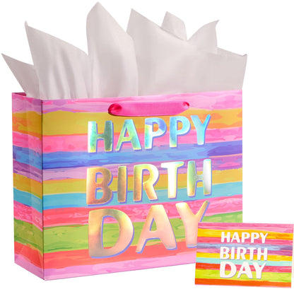 SUNCOLOR Large Happy Birthday Gift Bag with Tissue Paper & Card, 13 x 10.2 x 4.7 Inches Premium Paper Bag for Birthday, Kids', Women's & Mother's Gifts