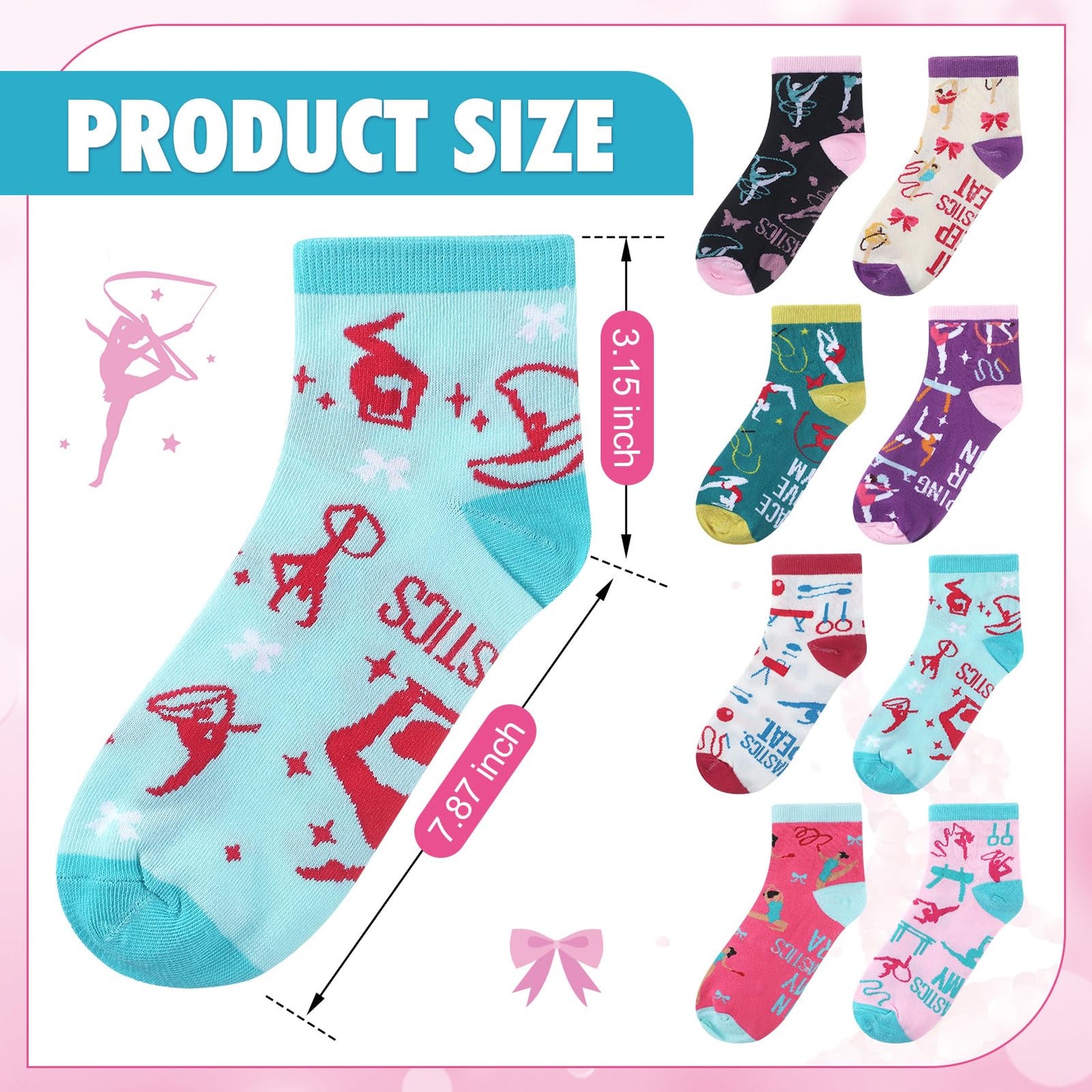 Glitopper 8 Pairs Gymnastics Theme Gift Socks Bulk, Gymnast Accessories Stuff Birthday Party Favors for Team Coach Gymnast Adults Women - 8 Styles