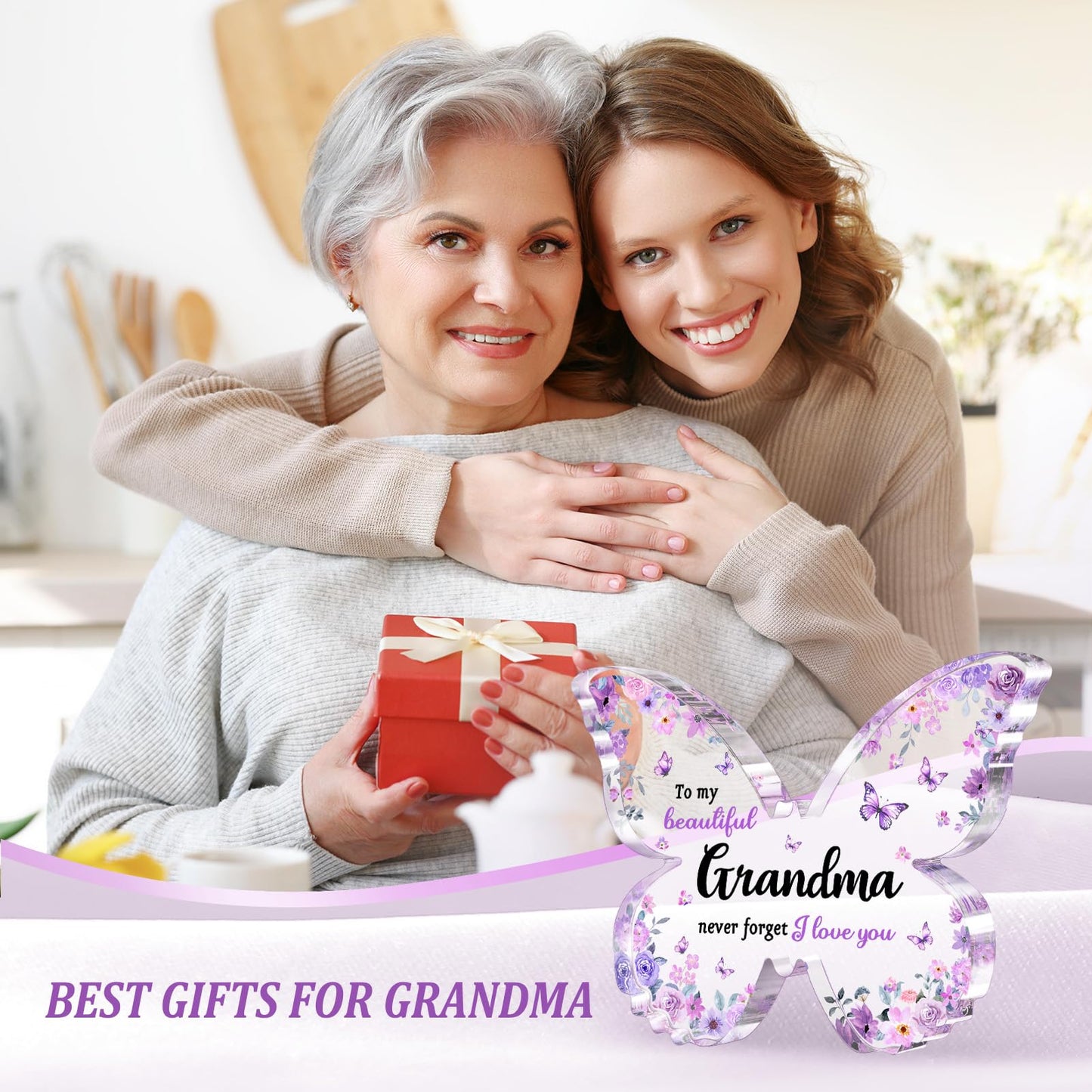 Gifts for Grandma, Grandma Birthday Gifts, Unique Purple Butterfly Acrylic Plaque Desk Decor, Mothers Day Christmas Grandparent Day Gift for Grandmother Nana - 5 x 3.8 x 0.5 inches