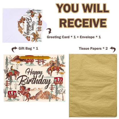 WRAPAHOLIC 13" Cowboy Birthday Gift Bags with Tissue Paper and Card - Brown Cowboy Theme Paper Bags for Men Birthday Western Theme Party Rodeo Stuffer