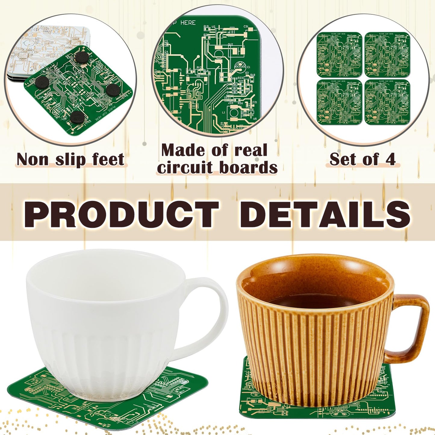 Nuenen 4 Pcs Circuit Board Coasters for Drinks PCB Coasters Immersion Gold Circuit Board PCB Design Engineer It Gift for Party Bar Office Geek Nerd Engineer Dad Gift Men(Classic Style,Green)