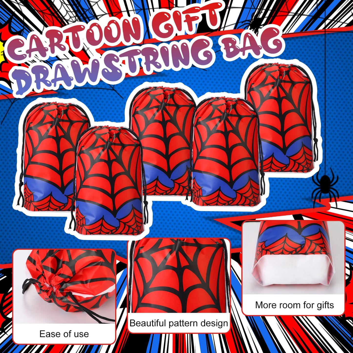 Lzuhoa 24 Pcs Spider Party Favors Gift Bags Drawstring Party Bags, Spider Birthday Decorations, Birthday Party Favor Bags Treat Goodie Bags for Birthdayy Party