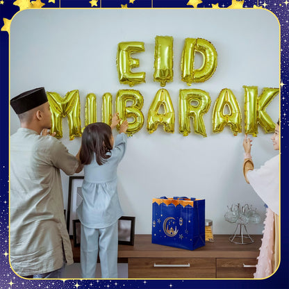 Resurhang 16 Pcs Eid Al Adha Party Reusable Gift Bags with Handles, Muslim Treat Non Woven Ramadan Goodie Bags for Eid Al Adha Muslim Party Supplies(Blue)
