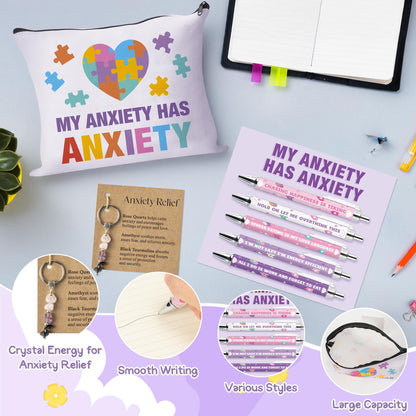 CY2SIDE Anxiety Funny Gift Set for Adult- Relief Black Ink Ballpoint Pen with Sayings for Anxiety, Canvas Makeup Bag & Crystal Keychain for Women Mental Health Month Gift for Coworker Friends Nurse