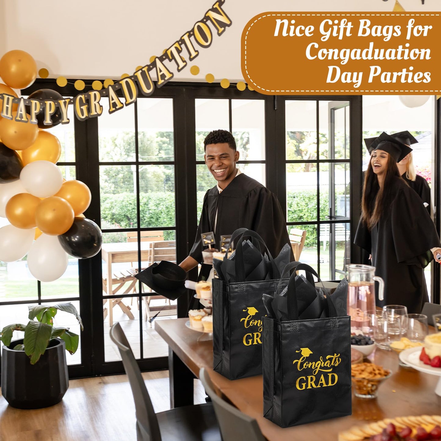 HunnmingRe 24 Sets Graduation Gift Bags 2026 Bulk Shiny Non Woven Black Gold Congrats Grad Tote Bag with Handles and Tissue Wrapping Papers for College High School Party Favors, 8 x 10 x 4 Inch