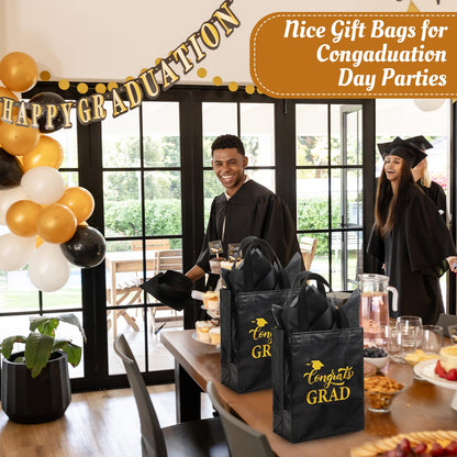 HunnmingRe 24 Sets Graduation Gift Bags 2026 Bulk Shiny Non Woven Black Gold Congrats Grad Tote Bag with Handles and Tissue Wrapping Papers for College High School Party Favors, 8 x 10 x 4 Inch