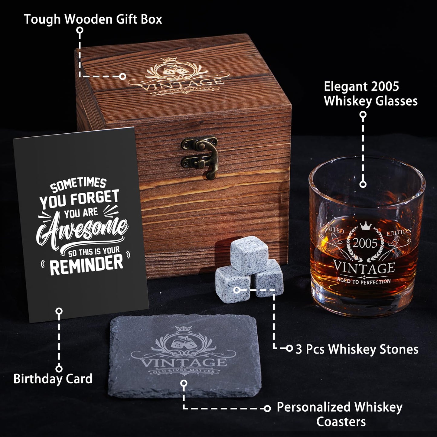 2025 21st Birthday Gift For Him, 21 Year Old Gifts For Men Whiskey Glass Set - 21st Birthday Decorations, Party Supplies - Bday Gifts Ideas For Him, Friends - Wood Box & Whiskey Stones & Coasters