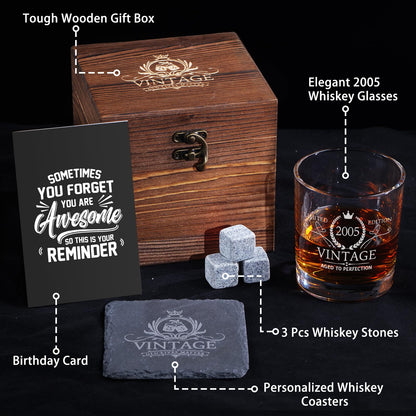 2025 21st Birthday Gift For Him, 21 Year Old Gifts For Men Whiskey Glass Set - 21st Birthday Decorations, Party Supplies - Bday Gifts Ideas For Him, Friends - Wood Box & Whiskey Stones & Coasters