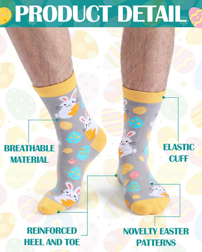Eurzom 6 Pairs Funny Men's Easter Socks Bunny Eggs Pattern Crew Socks Spring Easter Basket Stuffers Gifts Size 7-12