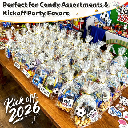PigPotParty Cellophane Bags 8x11 Inch, 50 Pack Clear Plastic Gift Bags with Bottom Gusset for Stand-Up Display, Medium Cello Gift Wrap for Goodies, Treats, Party Favors, Mugs, Includes 50 Gold Ties