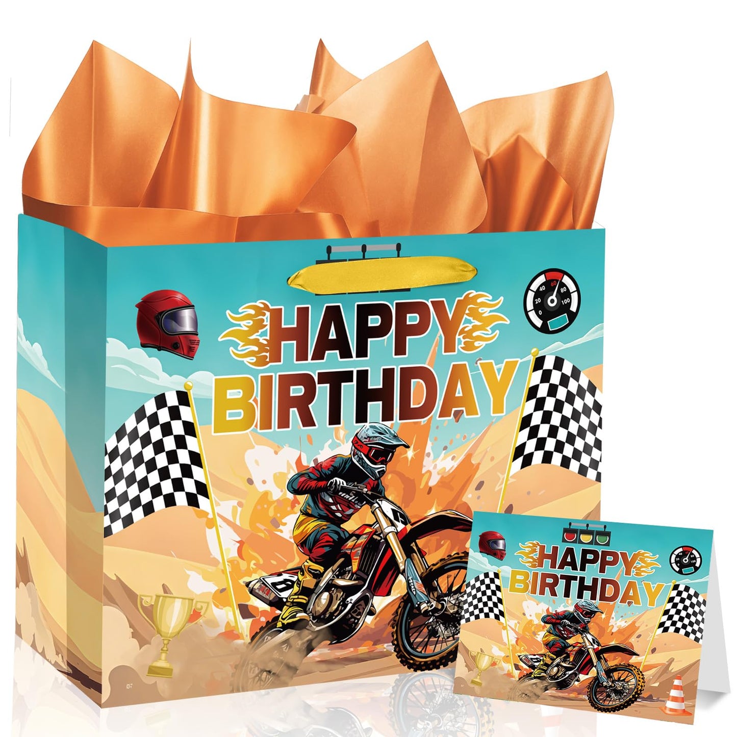 Woosytoo Dirt Bike Birthday Gift Bag for Boys Motorcycle Birthday Party Bag with Tissue Paper and Card Motorcycle Bday Party Decorations for Dirty Bike Bday Funny Games Party Supplies