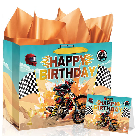 Woosytoo Dirt Bike Birthday Gift Bag for Boys Motorcycle Birthday Party Bag with Tissue Paper and Card Motorcycle Bday Party Decorations for Dirty Bike Bday Funny Games Party Supplies