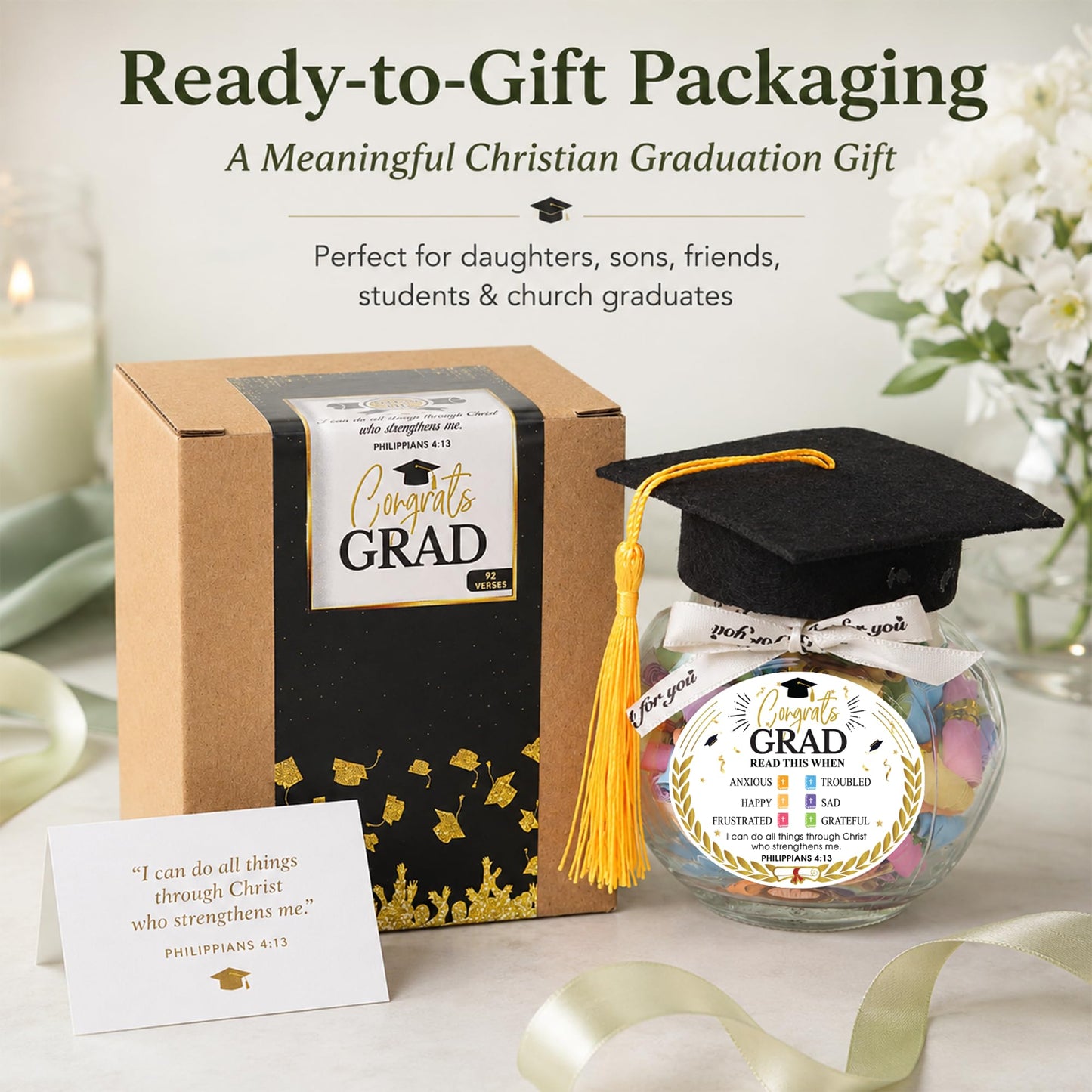 Graduation Bible Verses Jar with Grad Cap and Meaningful Cards, 2026 Graduation Gift for Him Her, Cute Congrats Class Middle High School College Congrats Grad Decor