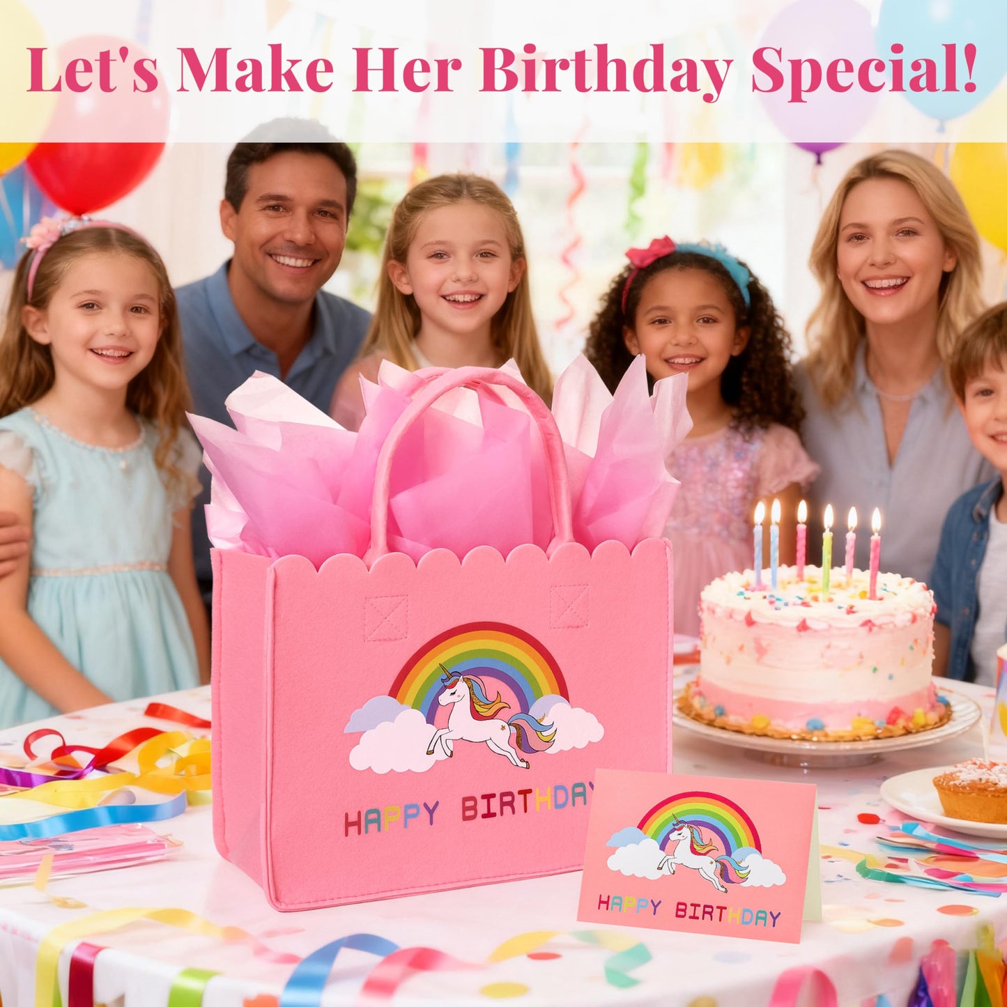 Crisky Felt Unicorn Gift Bag for Girls, Reusable Unicorn Birthday Gift Bags for Girls with Birthday Card, Pink Tote Bag for 4th 5th 6th 7th 8th 9th 10th Bday Party Decorations Gifts Ideas