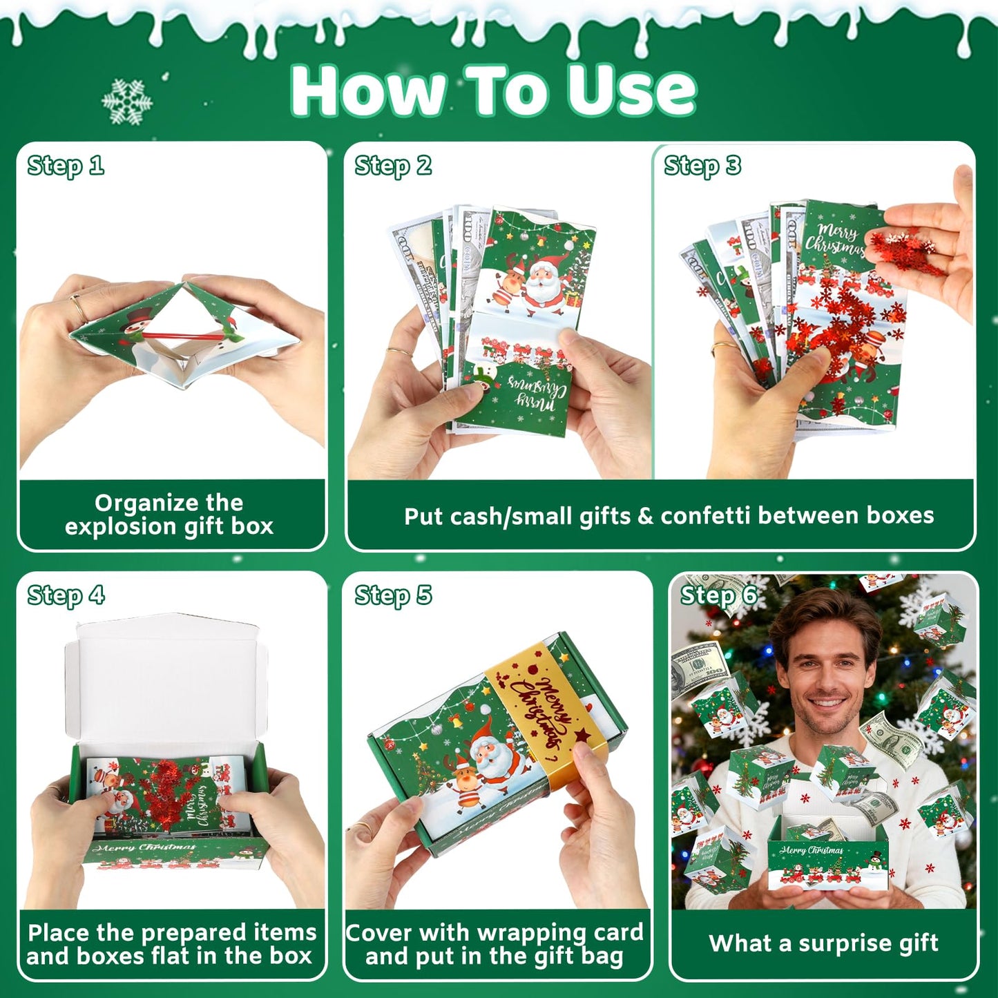 Sereliy Christmas Exploding Money Gift Boxes for Cash, 12 Pack Pop Up Surprise Money Box with Confetti, Merry Christmas Explosion Gift Box for Cash Giving, Fun Holiday Gifts Ideas for Kids Adults