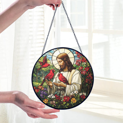 Christian Gifts for Women Faith Red Cardinals Window Hanging Suncatcher Stained Glass, Jesus & Cardinal Faith Home Decorations Jesus Gifts for Women of God Christmas Religious Catholic Gift For Memory