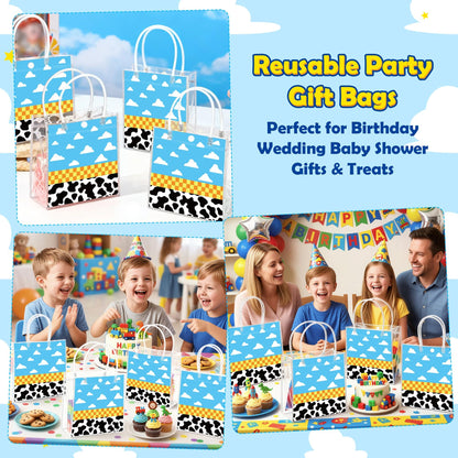 Wood Homing 24PCS Cartoon Story PVC Clear Gift Bag with Handle, Blue Sky White Cloud Cow Reusable Plastic Party Favor Bags for Kids, Toy Inspire Game Themed Goodie Bags Baby Shower Birthday Decoration