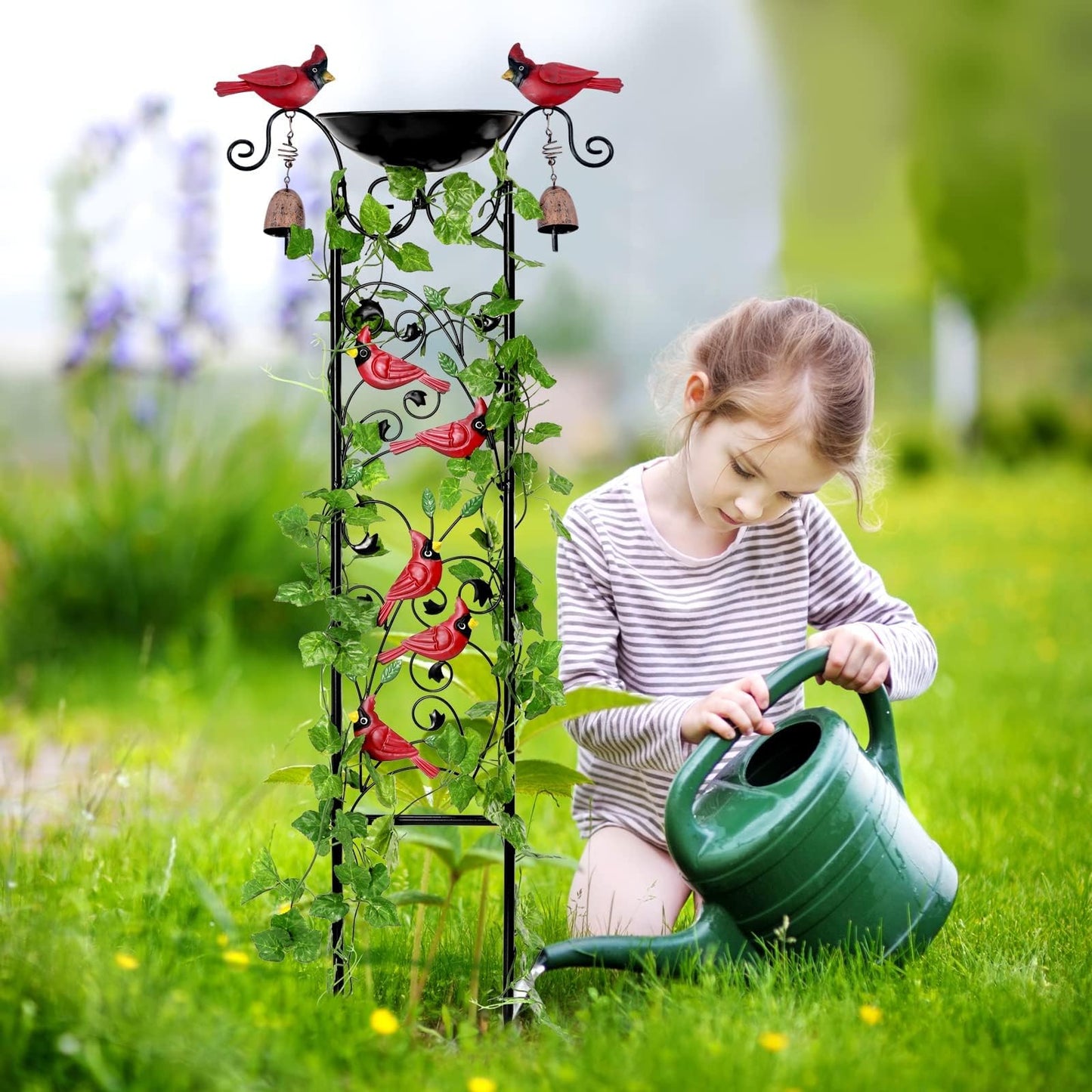 Cardinal Bird Bath Garden Trellis for Climbing Plants Outdoor Wind Chime Decor Red Birds Feeder Yard Sign Spring Lawn Decorations Housewarming Christmas Appear Memorial Gift for Bird Watcher Gardener