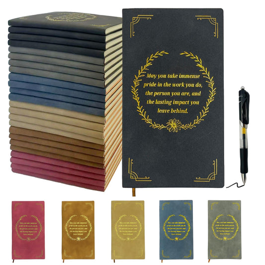 30 Sets Employee Appreciation Gift Set, A6 Faux Leather Notebook with Gold Foil Motivational Quote & Ergonomic Retractable Gel Pen, Ideal for Coworkers, Teachers & Volunteers